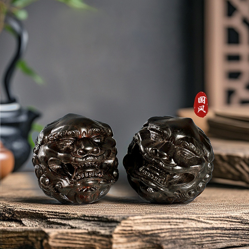 Art Craft Furniture - Chinese Black Sandalwood Carved Awakening Lion